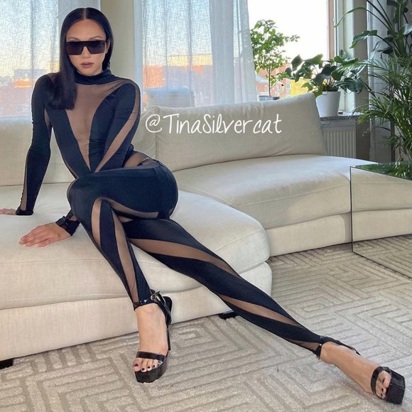 Mugler X H&M Mesh-paneled Stirrup Leggings Black NWT - Picture 3 of 16